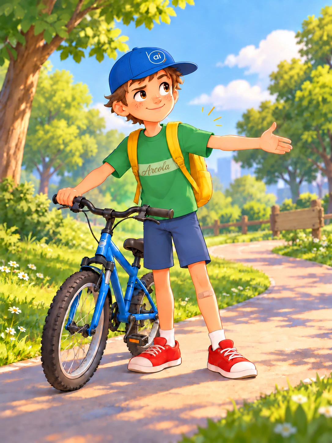 Billy in a blue cap and green shirt, standing with his bike in the park