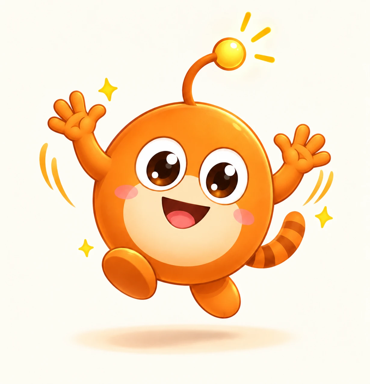 Dinkaboo, an orange creature with a glowing antenna, jumping and waving