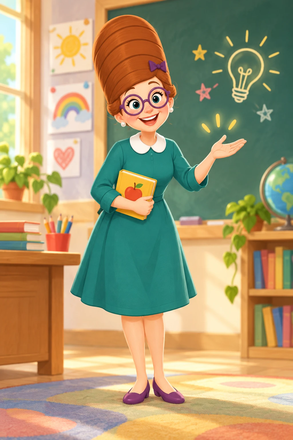 Miss Maplethorn with a tall beehive hairdo and purple glasses in her classroom