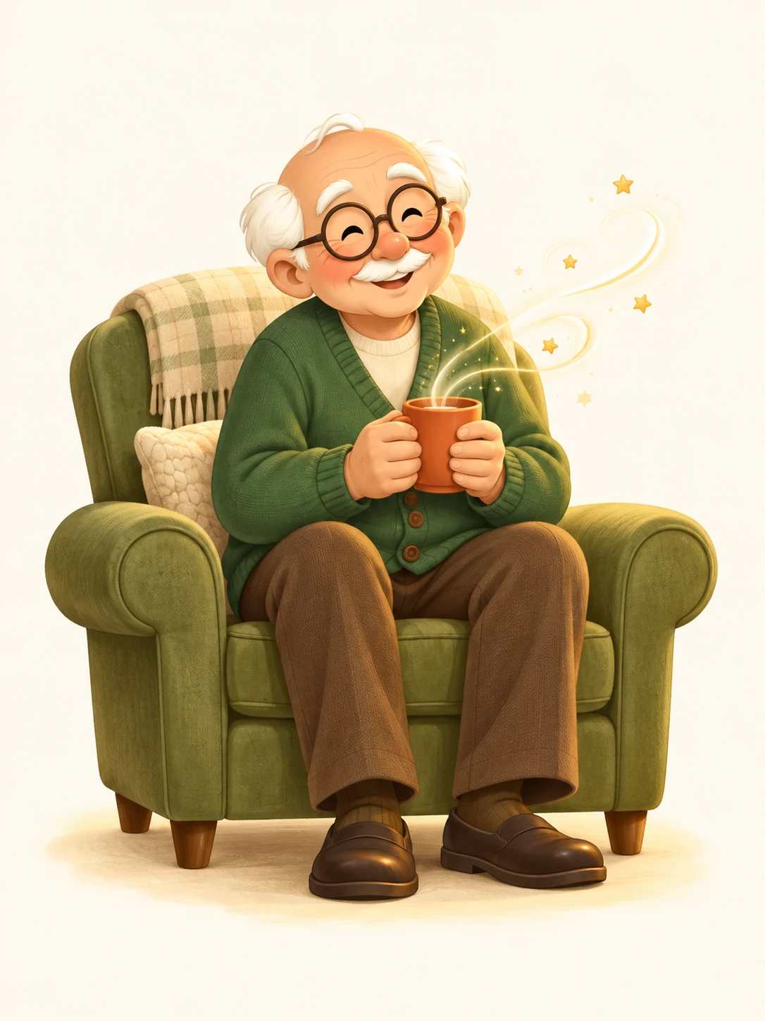 Pops in a green cardigan, smiling in an armchair with a warm mug