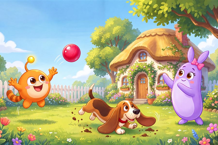Dinkaboo, Snoot and Zibbadee playing ball in the garden