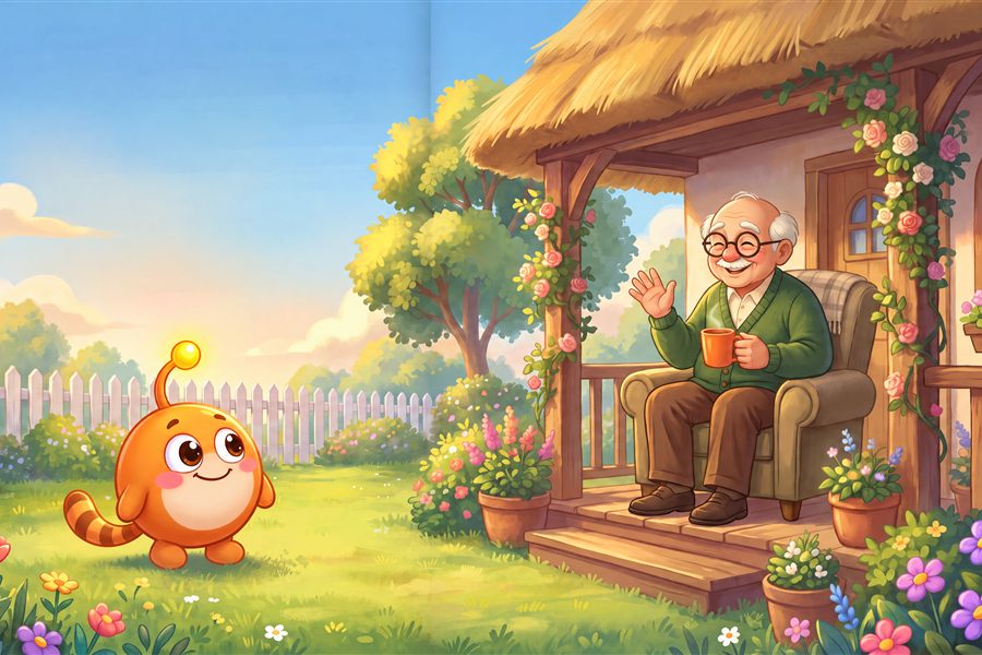 Pops waving to Dinkaboo from his porch armchair