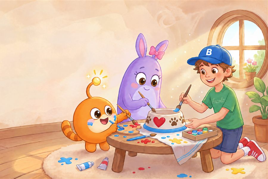 Dinkaboo, Zibbadee and Billy painting a new bowl for Snoot