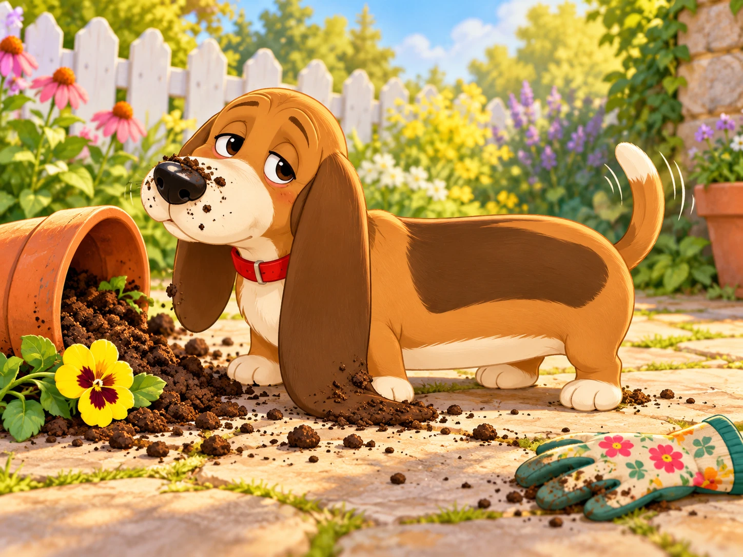 Snoot the basset hound with soil on his nose beside a tipped-over flowerpot