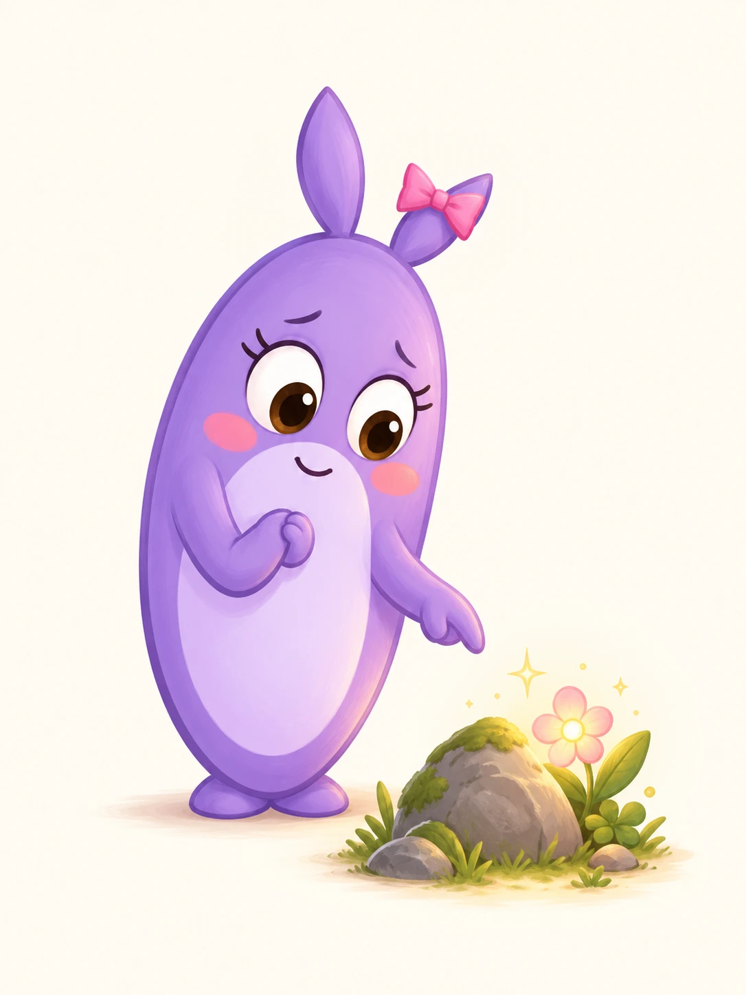 Zibbadee, a purple creature with a pink bow, pointing at a glowing flower